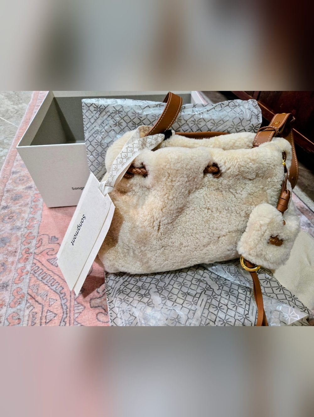 Songmont Amber Shearling Gather Clutch Set Small NWT Luxury Wool Leather - Picture 2 of 14